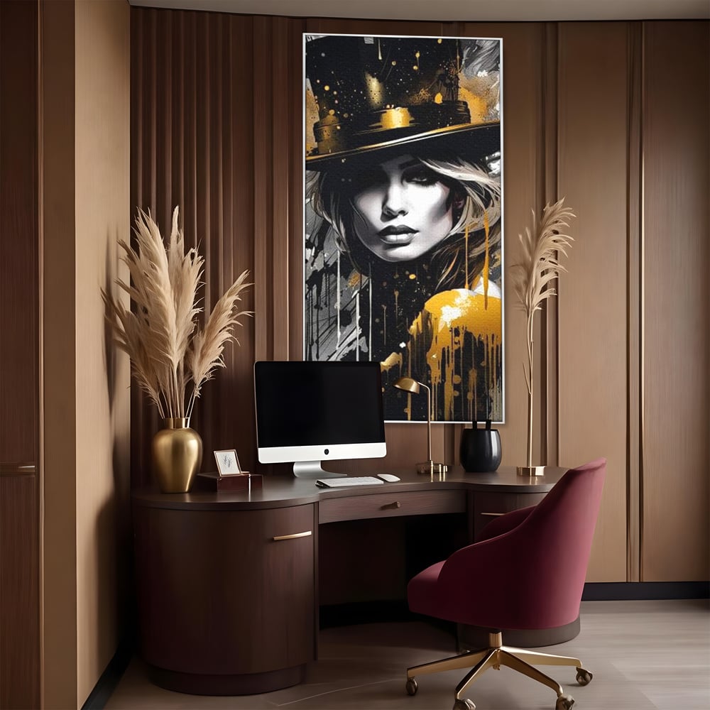 Tablou canvas cu tablou canvas cu portret de femeie cu joben, in rama de aluminiu argintiu, pe perete intr-un birou